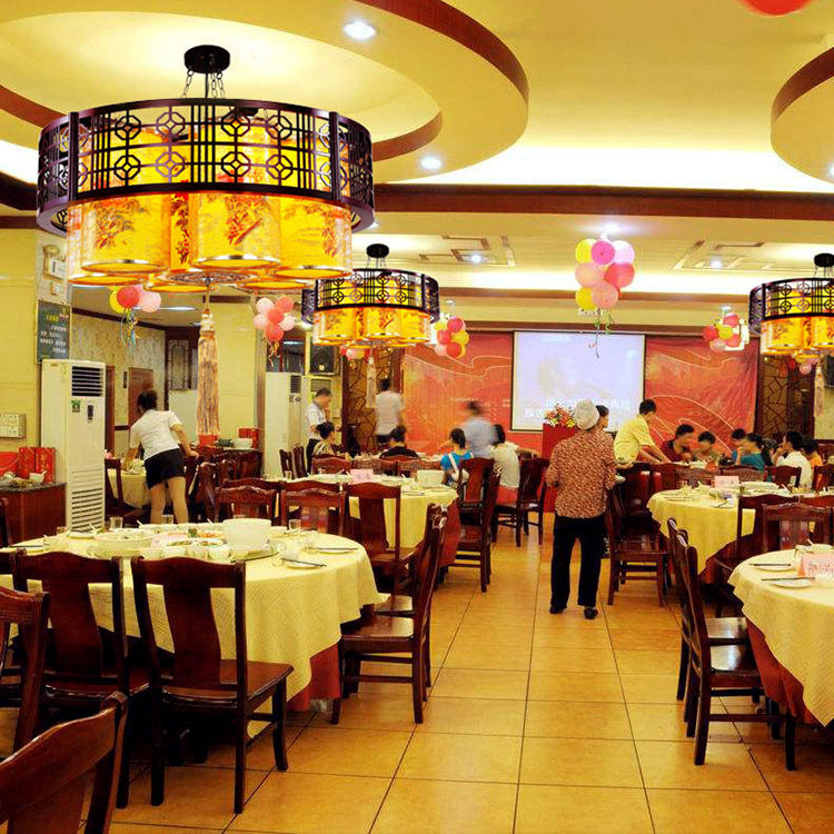 Lustres Traditionnels Chinois en Bois de Fer PVC Cylindre Rond Imprimé 7/9/11 Lumières pour Salle à Manger 