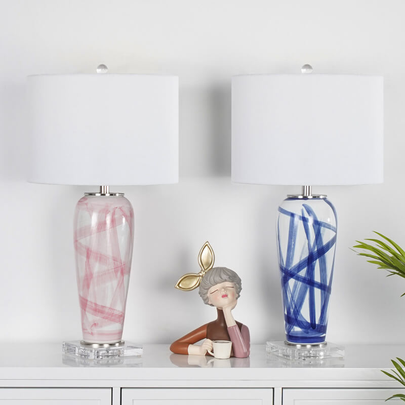 European Minimalist Painted Lines Ceramic Jar Fabric 1-Light Table Lamp