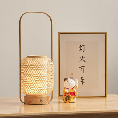 Contemporary Boho Bamboo Weaving Handheld Cylinder LED Touch Dimmable Table Lamp For Bedroom