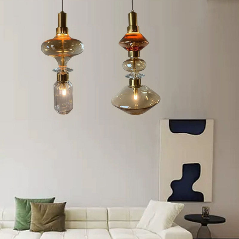 Traditional European Irregular Cylinder Iron Glass 1-Light Pendant Light For Living Room