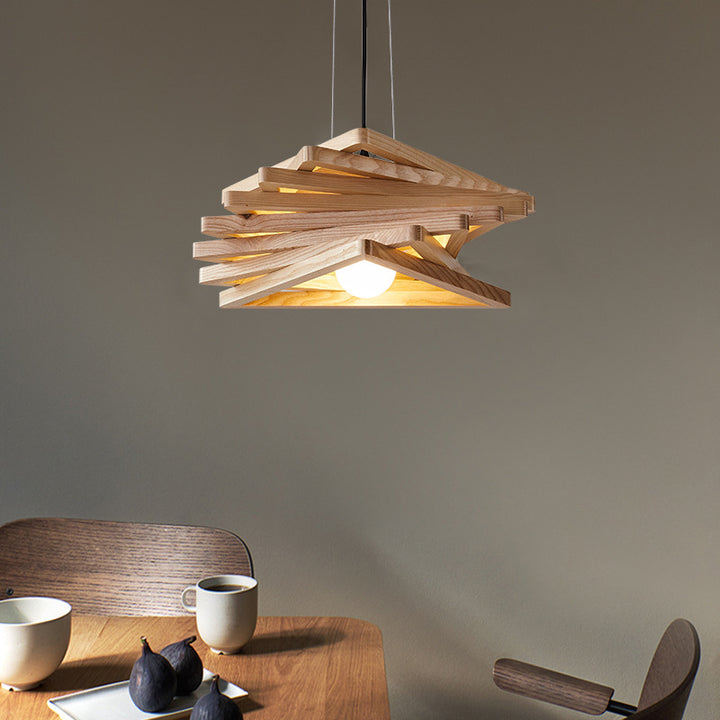 Traditional Japanese Wood Triangle Splicing Swirl 1-Light Pendant Light For Dining Room