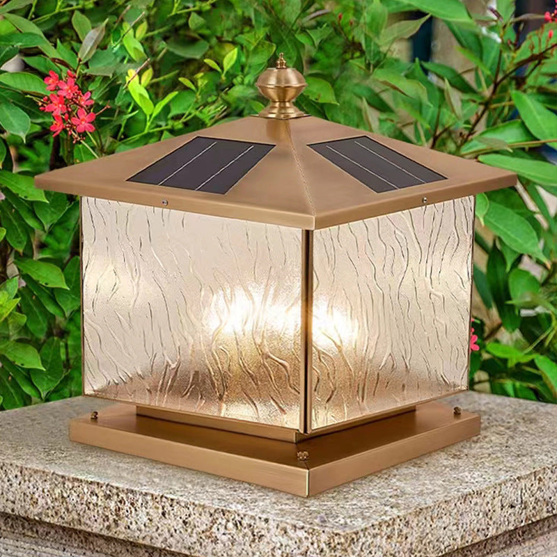 Luz de Poste de Cabeza de Vidrio Texturizado Cuadrado Solar Tradicional Europeo 1/2 para Patio Exterior 
