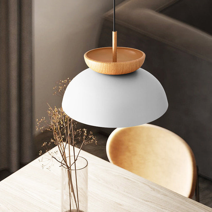 Suspension 1 lumière en bois et fer avec abat-jour rond moderne minimaliste pour salon 