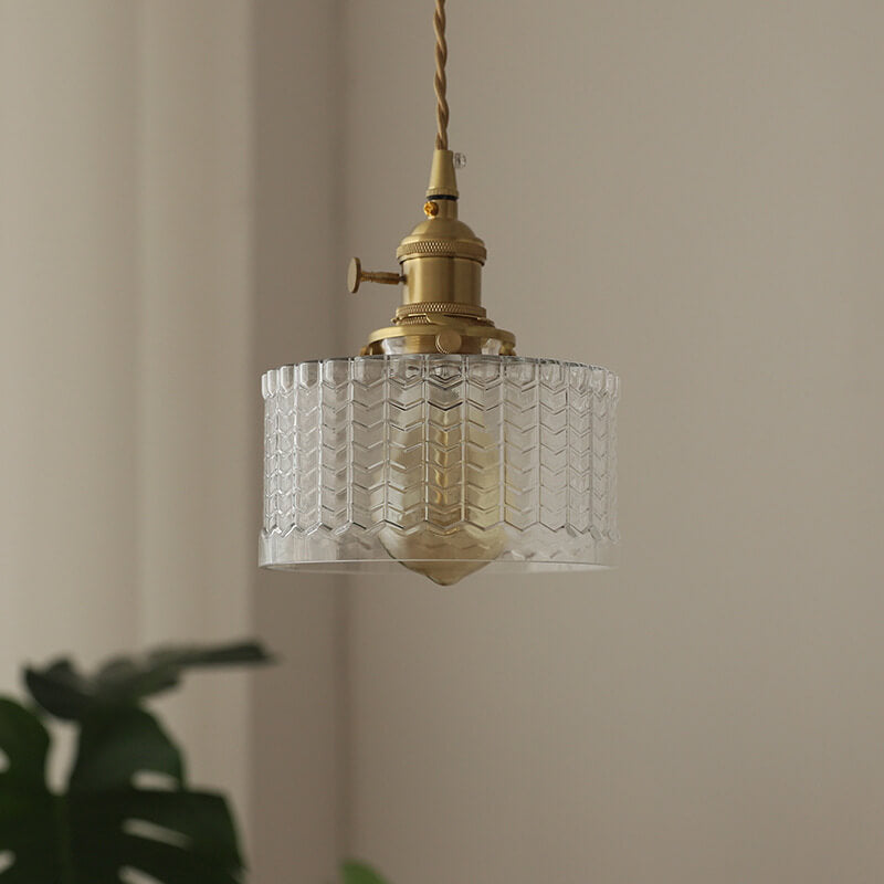 Moderne nordische Pendelleuchte aus Messing, Eisen und klarem Glas in runder Trommelform, kupferfarben, 1-flammig, für Wohnzimmer &amp; Schlafzimmer 