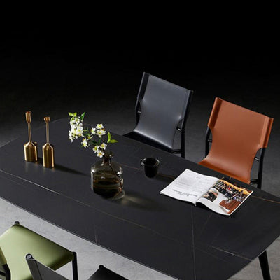 Silla de comedor apilable con respaldo de cuero nórdico contemporáneo y acero al carbono para comedor 
