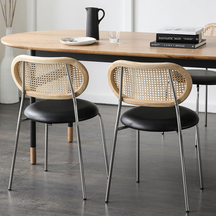 Contemporary Nordic Round PU Leather Wood Rattan Chair Backrest For Living Room