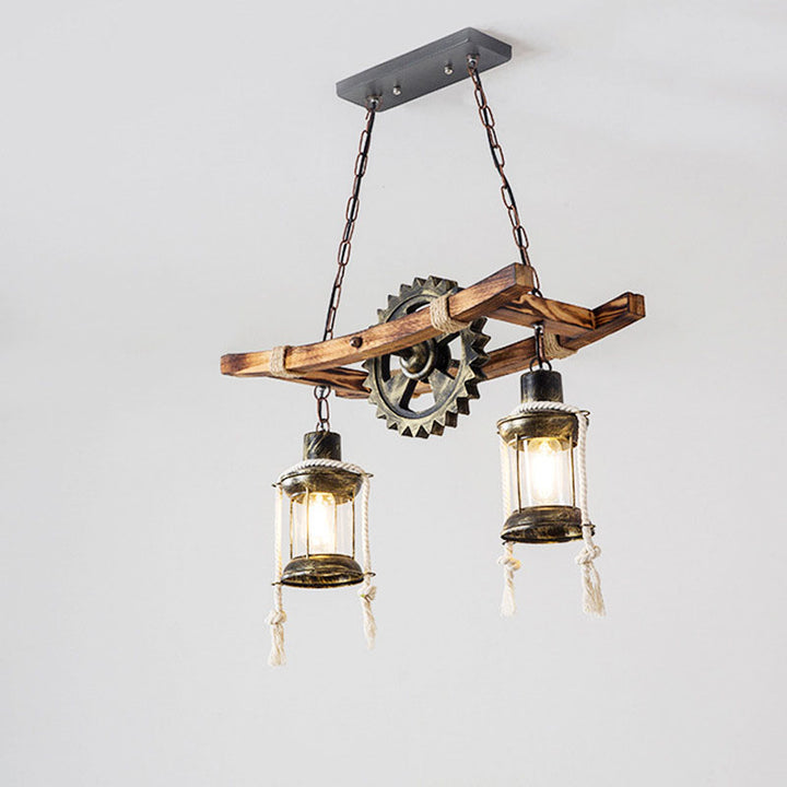 Vintage Industrielle Holz Metall 2-Licht Insel Leuchter 
