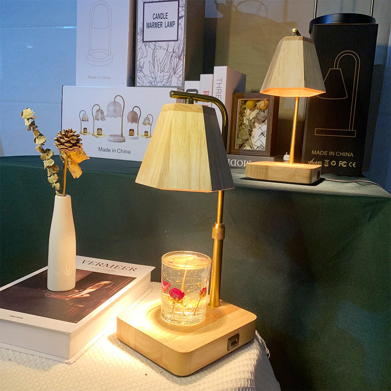 Zeitgenössische kreative sechseckige anhebbare 1-Licht-Schmelzwachs-Tischlampe aus Holz für Schlafzimmer 