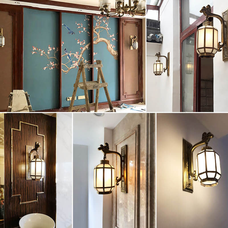 Chinesische Retro Vollkupfer Laterne Mattglas Schirm 1-Licht Wandleuchte 