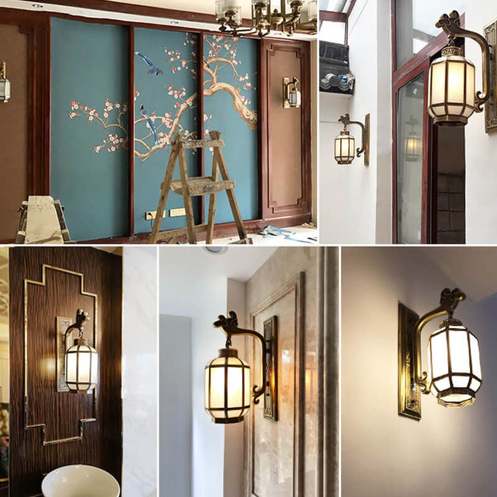 Chinesische Retro Vollkupfer Laterne Mattglas Schirm 1-Licht Wandleuchte 