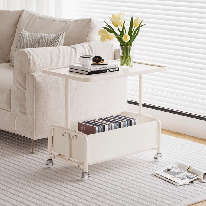 Mesa Auxiliar Movible de Almacenamiento de Cuero Sintético con Bandeja Superior de Simplicidad Moderna de 2 Niveles para Sala de Estar 