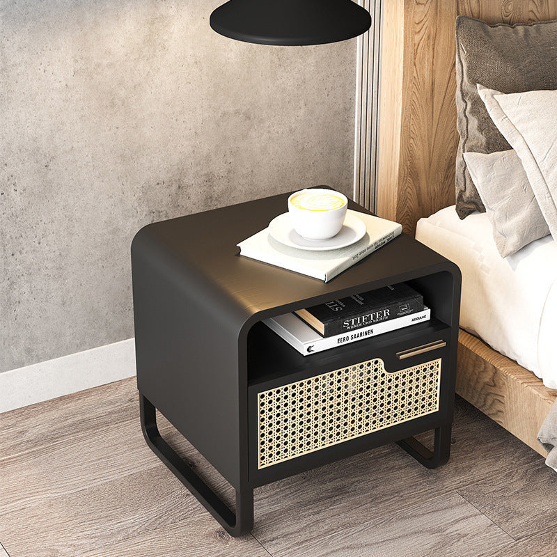 Table de chevet moderne minimaliste rectangulaire en bois massif avec rotin 1 tiroir pour chambre 