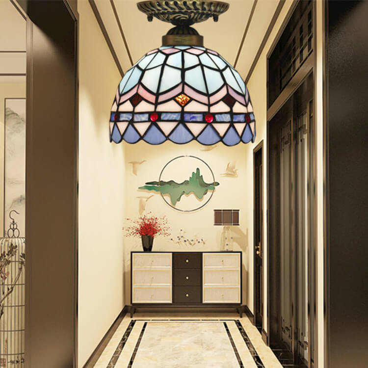 Tiffany Mediterranean Stained Glass Dome 1-Light Semi-Flush Mount Ceiling Light