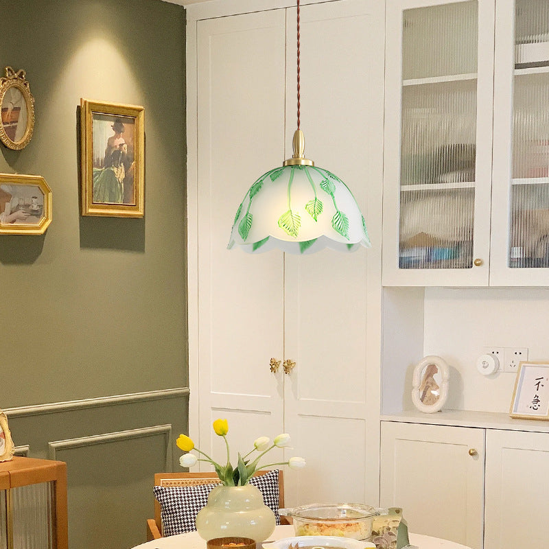 Traditionelle französische Pendelleuchte mit Schale und Blättern, Kupferglas, 1 Licht, für Esszimmer 