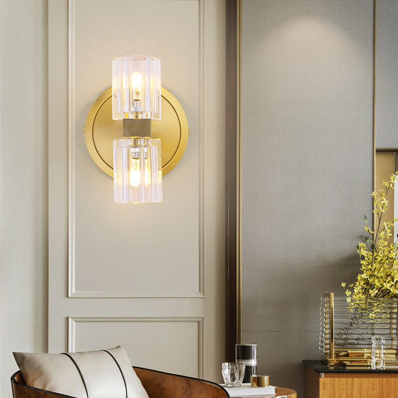 Moderne minimalistische Kristall-Kupfer-Zylinder-Wandleuchte mit 2 Flammen für Wohnzimmer &amp; Schlafzimmer 
