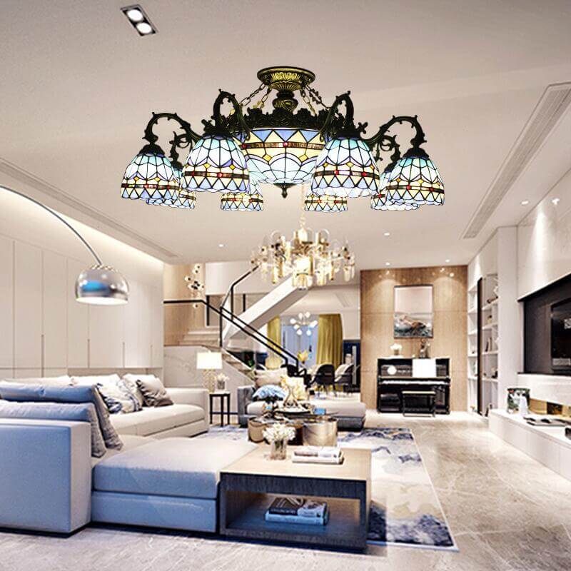 Tiffany Retro Beige Barock Buntglas 11-Licht Semi-Flush Mount Deckenleuchte 