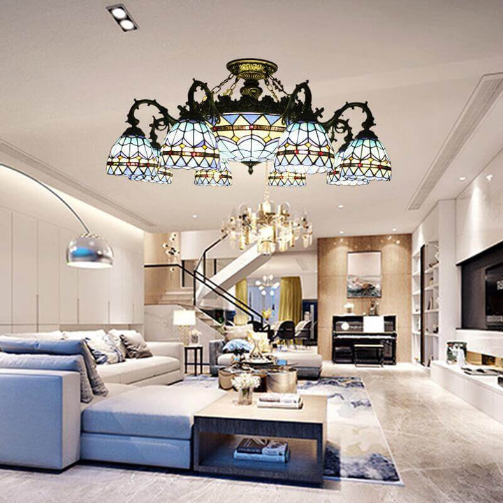 Tiffany Retro Beige Barock Buntglas 11-Licht Semi-Flush Mount Deckenleuchte 