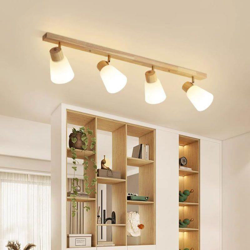 Traditional Vintage Rubberwood Glass Trumpet Shade 1/2/3/4-Light Semi-Flush Mount Ceiling Light For Living Room