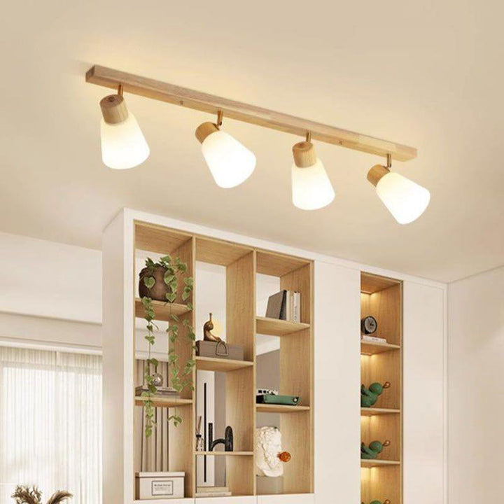 Traditional Vintage Rubberwood Glass Trumpet Shade 1/2/3/4-Light Semi-Flush Mount Ceiling Light For Living Room