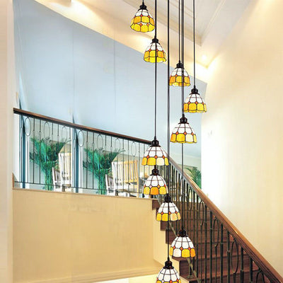 Contemporary Coastal Tapered Iron Resin Stained Glass 10-Light Chandelier For Living Room