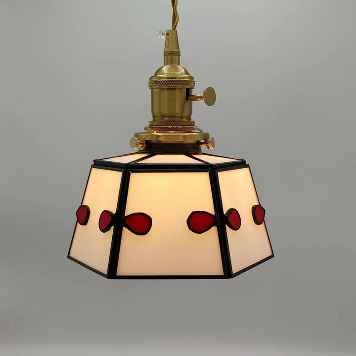 Lustre suspendu traditionnel vintage en laiton, verre, cylindre quadripartite, corne, treillis, à 1 lumière pour salle à manger 