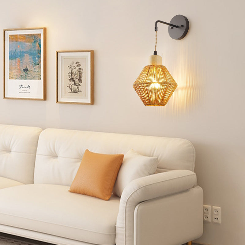 Traditionelle japanische runde Holz-Rattan-Wandleuchte mit 1 Licht für Wohnzimmer 