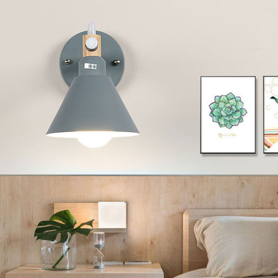 Nordic Macaron Iron Trumpet Shaped Wood 1-Light Wall Sconce Lamp