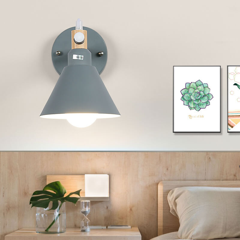 Nordic Macaron Iron Trumpet Shaped Wood 1-Light Wall Sconce Lamp