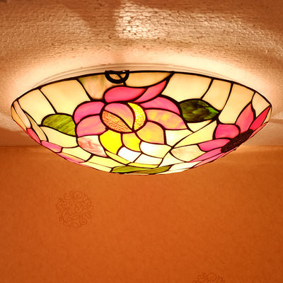 Vintage Tiffany Sunflower Round Stained Glass 3-Light Flush Mount Ceiling Light