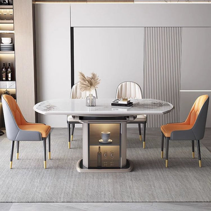 Contemporary Nordic Elliptical Rock Slab Oak Wood Glass Dining Table &amp; Chair Set For 4 Seats