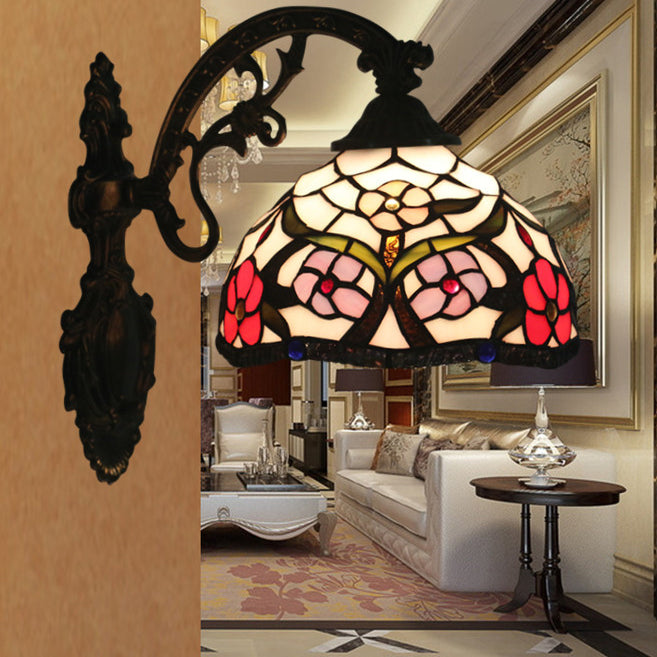 Applique murale en vitrail à un seul éclairage avec matériel en demi-cercle traditionnel Tiffany pour chambre à coucher 