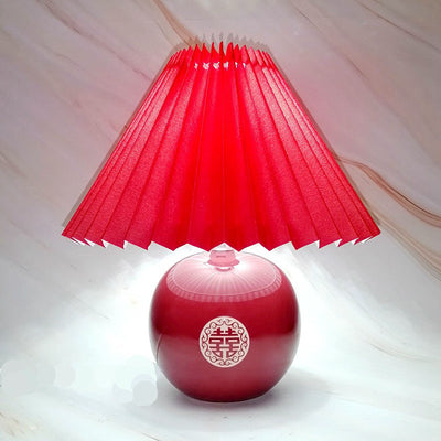 Traditional Chinese Red Pleated Fabric Lampshade Ceramic Base 1-Light Table Lamp For Bedroom