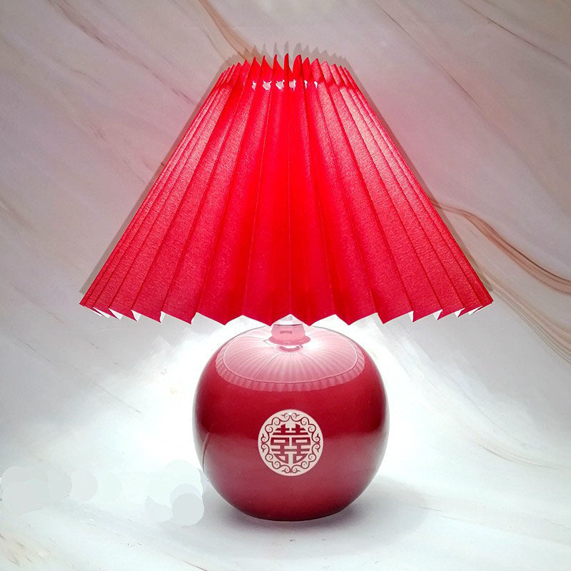 Traditional Chinese Red Pleated Fabric Lampshade Ceramic Base 1-Light Table Lamp For Bedroom