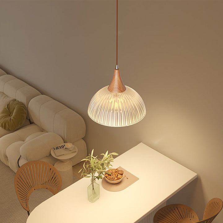 Zeitgenössische Retro Holz Vertikal Glas Runde Schatten 1-Licht Pendelleuchte für Wohnzimmer 