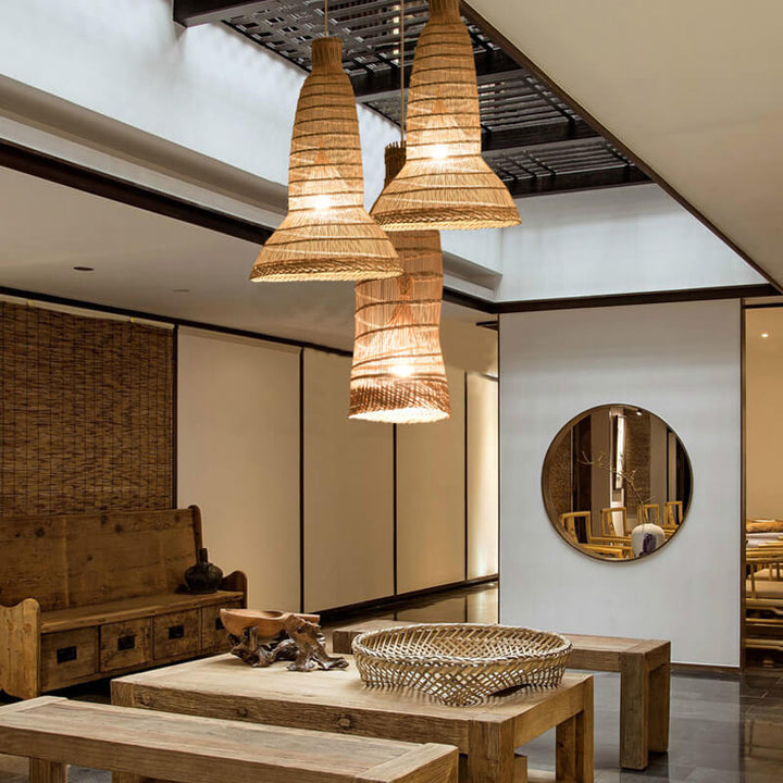 Luminaire suspendu à 1 lumière en cage de tissage en bambou zen chinois 