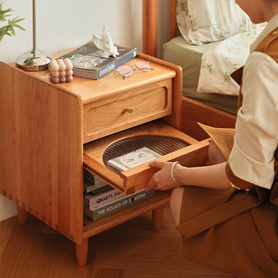 Table de nuit cube en bois massif rétro contemporain avec 1 tiroir pour chambre à coucher 