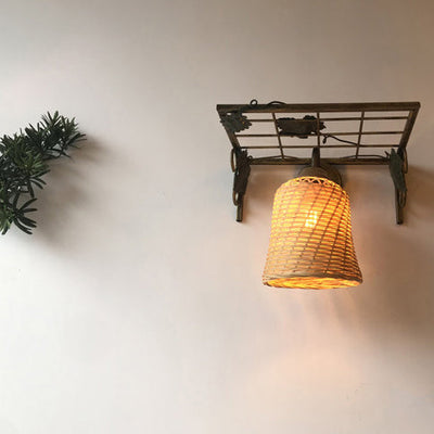 Lámpara Aplique de Pared de 1 Luz con Cilindro de Hierro y Bambú Tejido Cuadrícula Rectangular Rústica Tradicional para Sala de Estar 