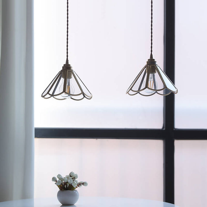 Traditional Japanese Cone Geometric Glass Copper 1-Light Pendant Light