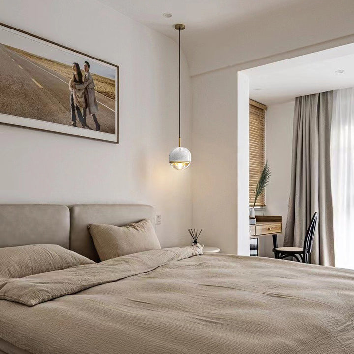 Lámpara colgante de 1 luz de vidrio de mármol de cobre esférico con patrón escandinavo contemporáneo para dormitorio 