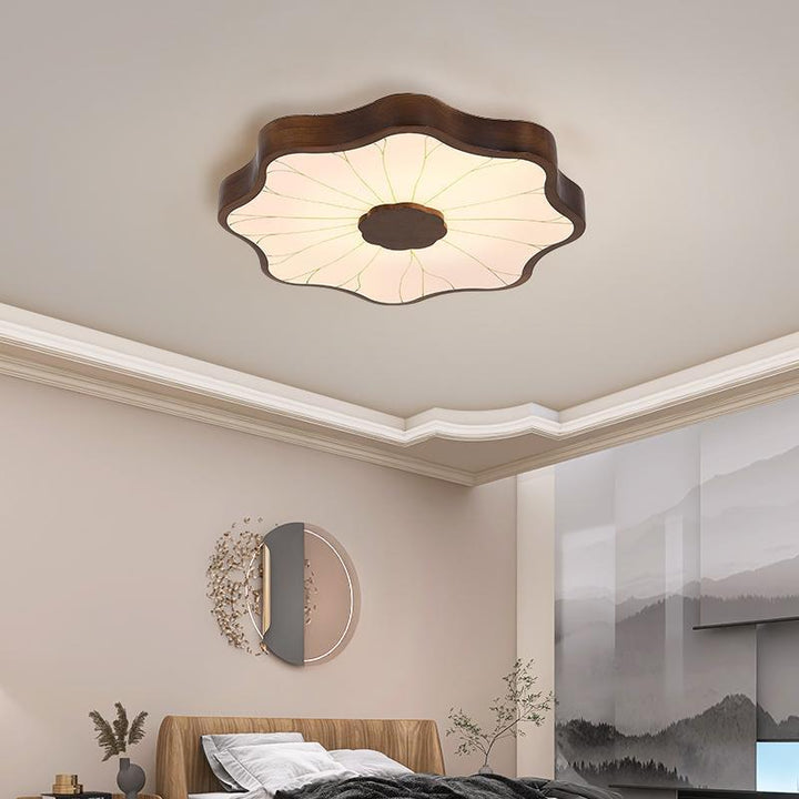 Traditionelle chinesische Lotusblatt-Deckenleuchte aus Holz, Eisen, Acryl, LED-Unterputz-Deckenleuchte für Wohnzimmer 