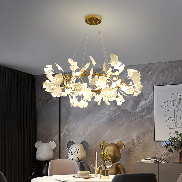 Zeitgenössischer nordischer Eisen-Acryl-Ginkgo 10-Licht-Kronleuchter für das Wohnzimmer 