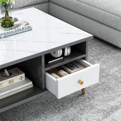 Mesa de café rectangular nórdica contemporánea de MDF y hierro con 1/2 cajón para sala de estar 