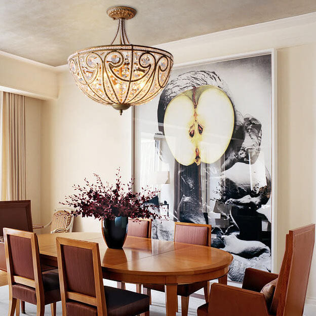 Traditional French Crystal Bead Strings Bowl Gold Iron 5-Light Semi-Flush Mount Ceiling Light For Living Room