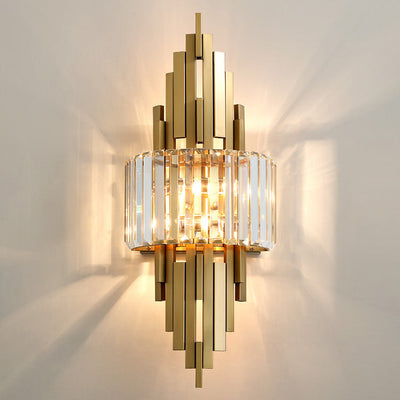 Zeitgenössische Luxus Metall Hardware Kristall Zylinder Streifen Rhombischen 2-Licht Wand Leuchte Lampe Für Wohnzimmer 
