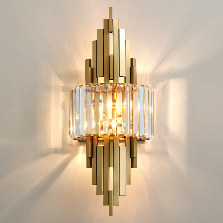 Zeitgenössische Luxus Metall Hardware Kristall Zylinder Streifen Rhombischen 2-Licht Wand Leuchte Lampe Für Wohnzimmer 