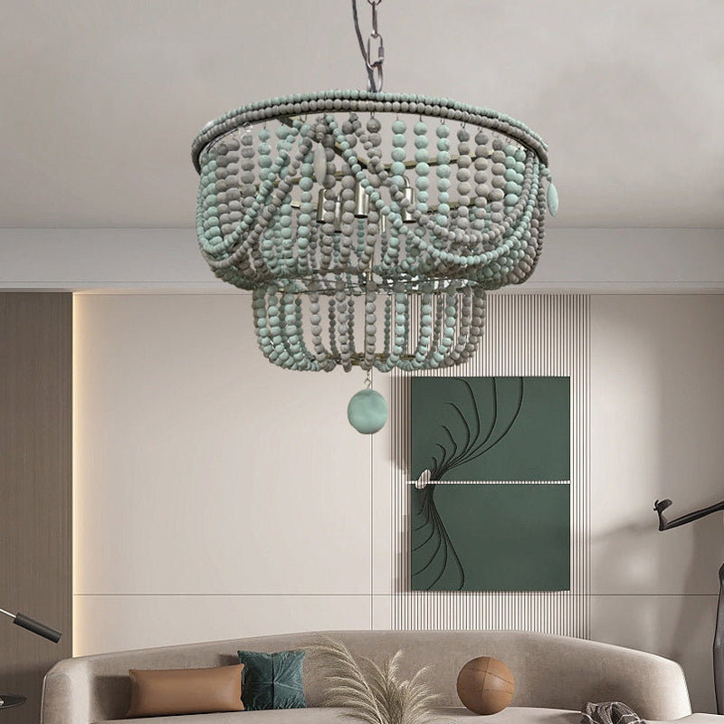 Lustre traditionnel rustique lanterne sphérique en fer et perles de bois à 4 lumières pour salon 