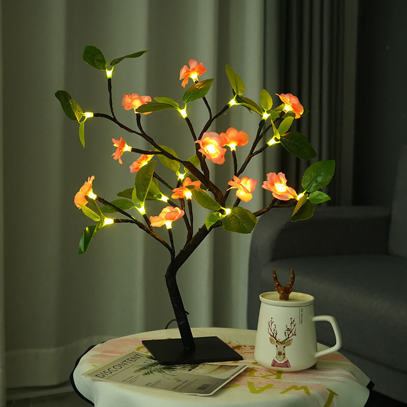 Modern Art Deco Simulation Peach Blossom Tree Green LED Tree Decoration Table Lamp For Bedroom