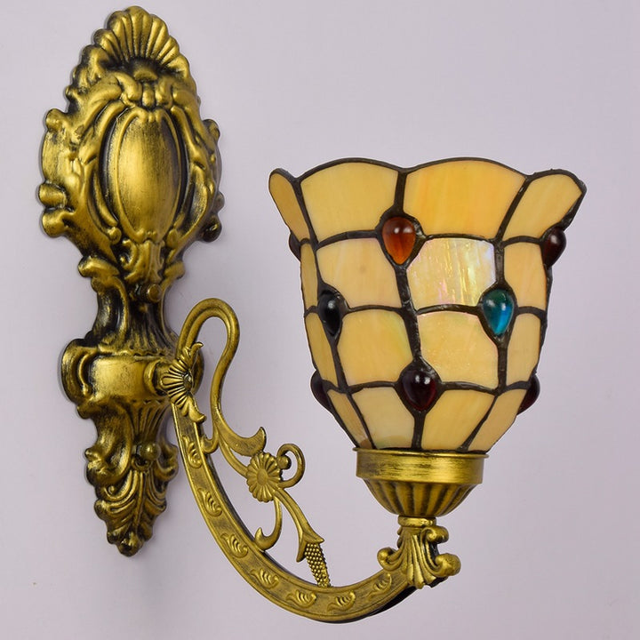 Traditionelle Tiffany Eisen Kristall Glasmalerei Blume 1-Licht Wandleuchte Lampe für Wohnzimmer 