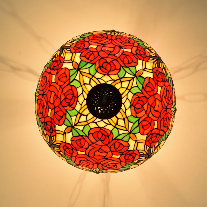 Traditioneller Tiffany-Buntglas-Rosenblumen-Eisen-3-Licht-Kronleuchter für das Wohnzimmer 