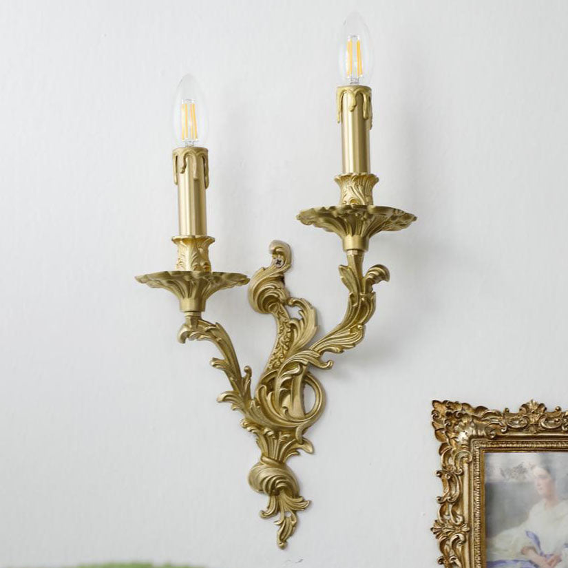 Candelabro de Pared de Latón de Lujo Francés Tradicional Tallado con 2/3 Luces para Dormitorio 